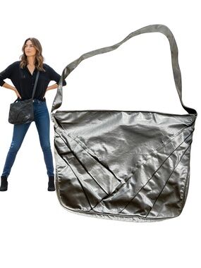 MARGOLIN Gray Leather Shoulder Computer Bag Tote with Folded Front Detail VTG